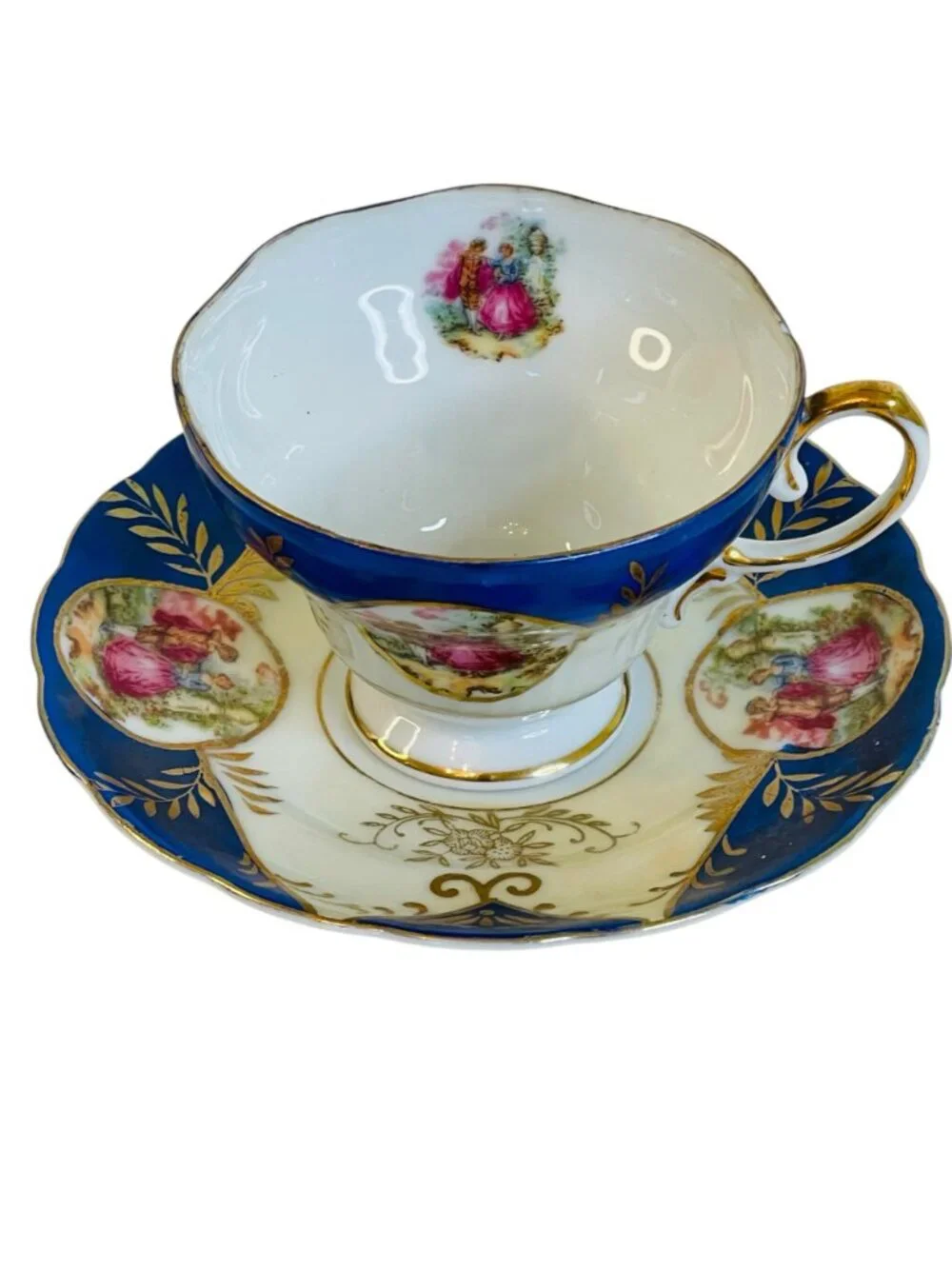 Vintage Cobalt Blue and Gold Teacup Saucer Set Courting Couple Fragonard Style